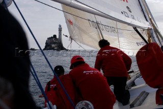 Onboard the maxi yacht Drum during the Fastnet of 2005, 20 years after the yachts fateful capsize in the same race. Celebrity rockstar Simon Le Bon is sailing with the original crew.