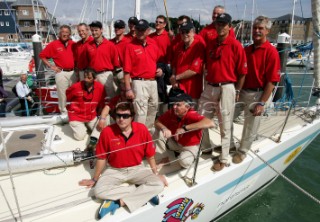 Maxi yacht Arnold Clark Drum before the start of the Fastnet Race 2005, 20 years after the yachts fateful capsize in the same race. Celebrity rockstar Simon Le Bon is sailing with the original crew.