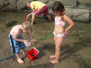 Children playing on a sandy beach looking for crustacea and crabs