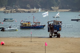 The motorised landing stage at Salcombe sponsored by International Paints which allows passengers to transfer to the ferry from the sandy beach at all states of the tide