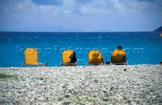 Sunbeds on the beach, Vassiliki, Lefkas, Greece