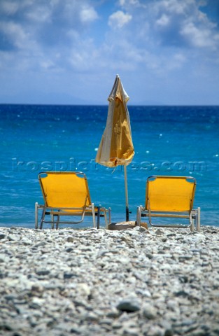 Sunbeds on the beach Vassiliki Lefkas Greece