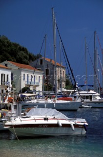 Boats moored in Kioni harbour, Ithaca, Greek islands