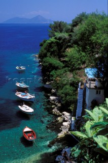 Boats moored in Kioni harbour, Ithaca, Greek islands