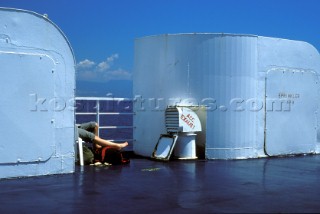 Backpacker on ferry in the Mediterranean