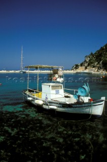 Fishing boat moored in Frikes Harbour, Ithaca, Greek islands