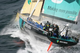 Volvo 70 ABN AMRO 1 of the Volvo Ocean Race sailing fast in rough conditions