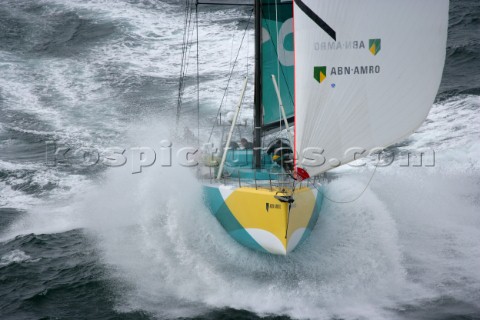 Volvo 70 ABN AMRO 1 of the Volvo Ocean Race sailing fast in rough conditions