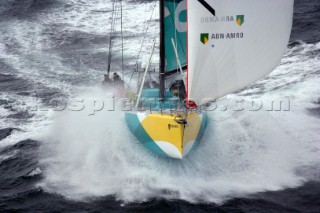 Volvo 70 ABN AMRO 1 of the Volvo Ocean Race sailing fast in rough conditions