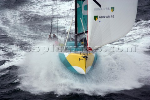 Volvo 70 ABN AMRO 1 of the Volvo Ocean Race sailing fast in rough conditions