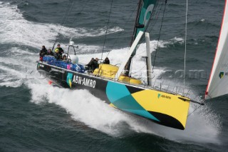 Volvo 70 ABN AMRO 1 of the Volvo Ocean Race sailing fast in rough conditions