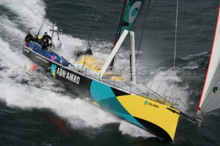 Volvo 70 ABN AMRO 1 of the Volvo Ocean Race sailing fast in rough conditions