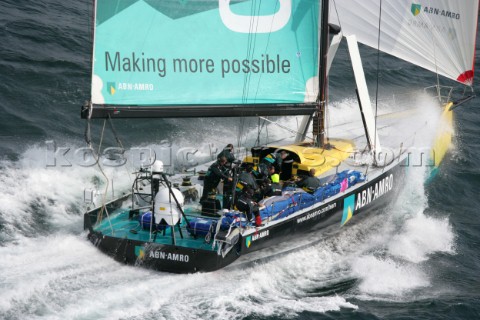 Volvo 70 ABN AMRO 1 of the Volvo Ocean Race sailing fast in rough conditions