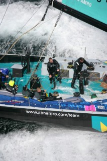 Volvo 70 ABN AMRO 1 of the Volvo Ocean Race sailing fast in rough conditions