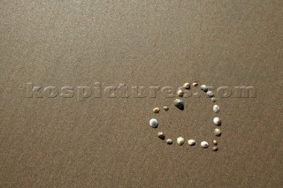 Sea shells laid in a heart shape on wet sand