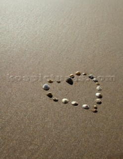 Sea shells laid in a heart shape on wet sand