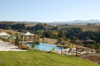 Sunrise at the swimming pool at villa Finca La Morera in Spain