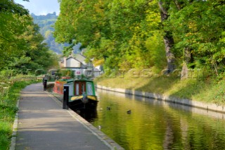 Secluded moorings at Llangollen on the Llangollen canal,Clwyd,Wales UK.October 2005.