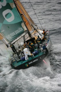 The Volvo Ocean Race fleet head head out to sea at the start of leg one from Vigo, Spain. ABN  AMRO ONE