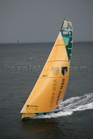 The Volvo Ocean Race fleet head head out to sea at the start of leg one from Vigo Spain ABN  AMRO ON