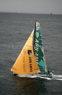 The Volvo Ocean Race fleet head head out to sea at the start of leg one from Vigo, Spain. ABN  AMRO ONE