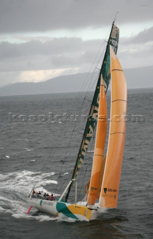 The Volvo Ocean Race fleet head head out to sea at the start of leg one from Vigo Spain