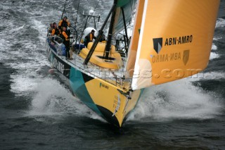 The Volvo Ocean Race fleet head head out to sea at the start of leg one from Vigo, Spain. ABN  AMRO ONE