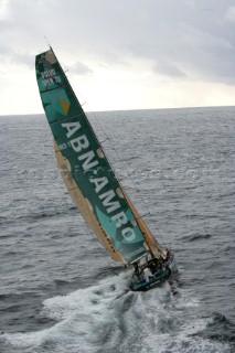 The Volvo Ocean Race fleet head head out to sea at the start of leg one from Vigo, Spain. ABN  AMRO ONE