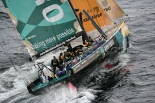 The Volvo Ocean Race fleet head head out to sea at the start of leg one from Vigo, Spain. ABN  AMRO ONE