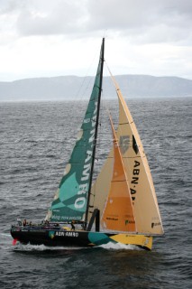 The Volvo Ocean Race fleet head head out to sea at the start of leg one from Vigo, Spain. ABN  AMRO ONE