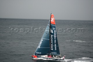 The Volvo Ocean Race fleet head head out to sea at the start of leg one from Vigo, Spain. ERICSSON