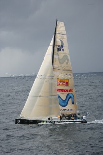 The Volvo Ocean Race fleet head head out to sea at the start of leg one from Vigo, Spain.  MOVISTAR