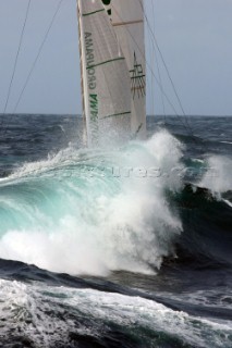 Yacht in large waves and rough sea