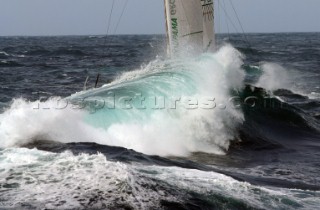 Yacht in large waves and rough sea