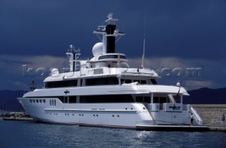 Superyacht Mylin IV moored against the quay in the harbour of St Tropez