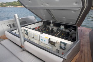 Engines and engine compartment on a Wallytender built by Wally