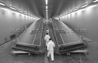 Black and white images of molds and workmanship and construction during superyacht building