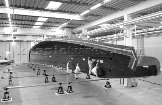 Black and white images of molds and workmanship and construction during superyacht building