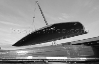 Black and white images of molds and workmanship and construction during superyacht building