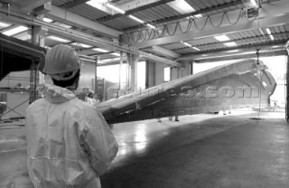 Black and white images of molds and workmanship and construction during superyacht building