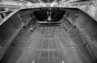 Black and white images of molds and workmanship and construction during superyacht building