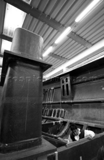 Black and white images of molds and workmanship and construction during superyacht building