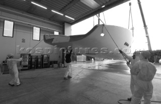 Black and white images of molds and workmanship and construction during superyacht building