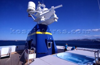 Satellite and communications tower. Flavio  Briatore Managing Director of Renault F1 Team France in Viry-Châtillon, on board of his yacht Force Blue. SALES ONLY FOR UK