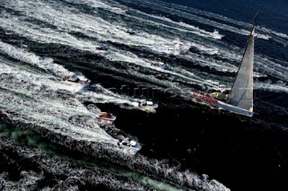 Wild Oats sail across the finish line in Hobart, Australia,Dec. 28, 2005. 85 yachts of all sizes battled for this years line honors in this the 61st running of the world famous race.