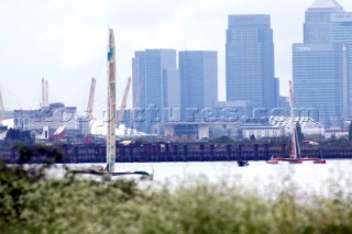 ORMA 60 trimarans on the River Thames leaving London in the Multicup SAS