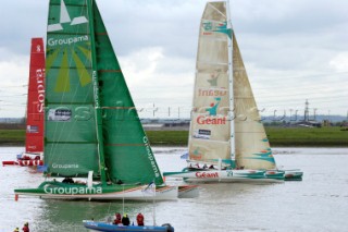 ORMA 60 trimarans on the River Thames leaving London in the Multicup SAS