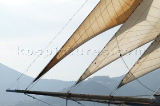 Graphic sails and shapes of the masts and sails of a cruising superyacht cruise ship