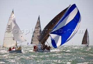 COWES, ENGLAND - JULY30: Sailors onboard the yacht GBR 3709 struggle to control the yacht in a broach during the windy conditions of Day 2 of  Skandia Life Cowes Week 2006. (Photo by Kos/Kos Picture Source via Getty Images)