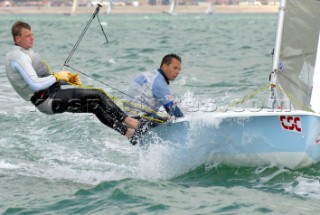 HAYLING ISLAND, ENGLAND - AUGUST 8: Mark Upton-Brown and Ian Mitchell from the UK, winning the 505 World Championship 2006 dinghy sailing event at Hayling Island, England. (Photo by Steve Arkley/Kos Picture Source via Getty Images)